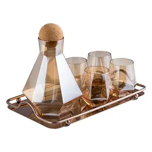 Jarra de vidro geométrica de 1,4l, jarra de vidro com 4 copos, bule de ouro, para água, carafe, chaleira de chá, âmbar frio, dispensador de bebidas