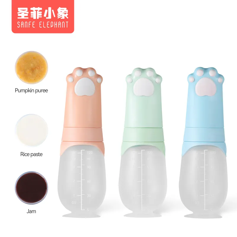 120ml Silicone Squeeze Bottle Spoon Toddler Baby Food Dispensing Spoon Arroz Paste Squeeze Feeder Garrafa De Bebê Com Colher