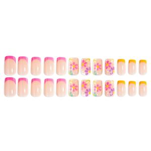 Lot de 12 faux ongles classiques français européens en amande, motif tournesol multicolore violet, à presser, semi-couvrants, pré-dessinés, avec colle - Product Image 4