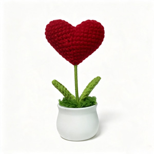 Plante artificielle en pot en forme de cœur, fleur au crochet en fil de peluche rouge, ornement décoratif avec pot, tête unique - Product Image 1