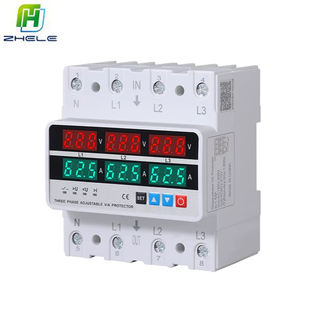 Three 3 Phase Adjustable Voltage Current Protector 63A  100A 380V Over and Under Volt Regulator Current Limiter Surge Protect
