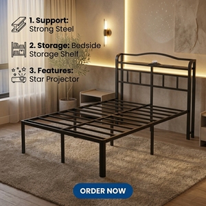 Cadre de lit multifonctionnel durable et antidérapant pour lit Queen Size avec tête de lit et projecteur d'étoiles pour un sommeil réparateur - Product Image 1