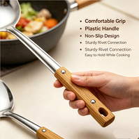 Ustensiles de cuisine en acier inoxydable poli miroir, durables, 5 pièces, avec manche en plastique motif grain de bois : louche, spatule, écumoire, cuillère ajourée