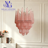 Lustre vintage médiéval français, suspension en verre texturé rose en forme de goutte d'eau, luxe pour villa, salon, salle à manger, entrée