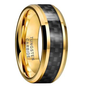 Bague en tungstène dorée Coolstyle 8 mm pour homme et femme, alliance de fiançailles, incrustation en <span class=keywords><strong>fibre</strong></span> de carbone noire, bords biseautés, ajustement confortable - Product Image 1