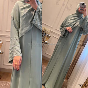 عباية نسائية فاخرة بلون سادة بتصميم دبي، ثوب للعيد والحج بأكمام طويلة، ملابس محتشمة بتطريز يدوي بالخرز، زي إسلامي تقليدي - Product Image 3