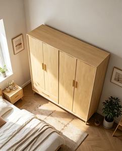 Armoire scandinave moderne en bois avec portes à panneaux plats, poignées en laiton, meuble de chambre autoportant en bois massif - Product Image 3