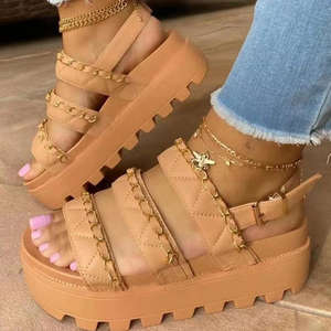 Летние римские сандалии с открытым носком, на цепочке, однотонные, на среднем каблуке, женская обувь, модные, с пряжкой - Product Image 1