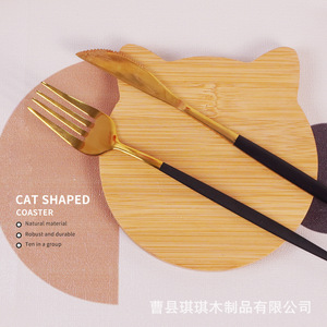 <b>Cat</b> Shaped Bamboo Coaster Natural Wood <b>Heat</b> Resistant Tabletop <b>Mat</b> For Home Use - Product Image 4