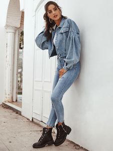 Giacca di jeans Oversize con maniche a sbuffo Ready Made giacca di jeans donna moda lavata all'ingrosso - Product Image 2