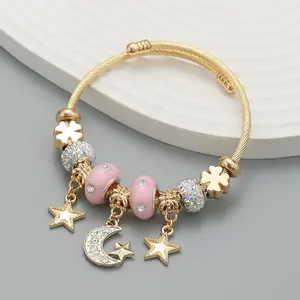 High quality gold plated stainless steel moon and star charm bracelet adjustable crystal pendant DIY bangle bracelet for women