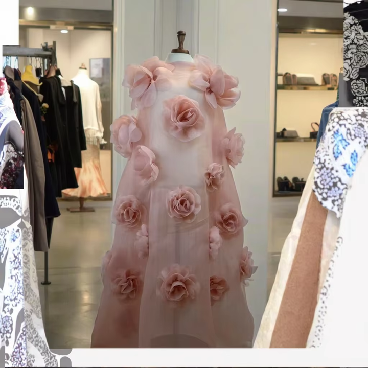 Nour Elegant Cotton Dress – Lace Trims & 3D Floral Appliques main image 0