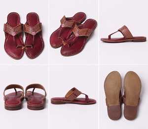 Sandales plates ethniques indiennes en cuir véritable faites à la main pour femmes, couleur bordeaux et beige, avec anneau de pied Kolhapuri, vente en gros - Product Image 4