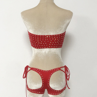 Ensemble Deux Pièces en Nylon Justaucorps Femme Exotique Haut Bustier Strass AB Pole Dance et Danse de Salon Vêtement de Danse Sexy avec Short