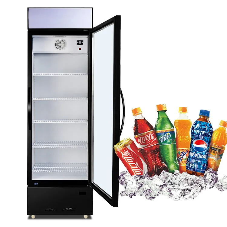 China Refrigerador comercial de bebidas de una sola Puerta de vidrio vertical ver a través de bebidas de cerveza suave refrigerador de enfriamiento Fabricantes