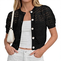 PRETTYGARDEN Cardigan court léger en crochet vintage pour femme, à manches bouffantes, boutonné, idéal pour la plage