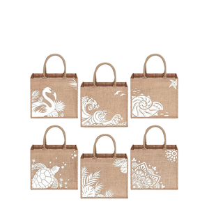 Burlap Beach Tote <b>Bag</b> Set With Sea Life Print <b>Medium</b> <b>Size</b> Top Handle Shopping <b>Bag</b> For Beach Use Made In Bangladesh - Product Image 1