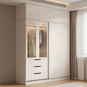 Cream Colored Solid Wood Wardrobe Modern Minimalist Style Storage Cabinet With <b>Desk</b> Integrated Bedroom Furniture - Product Image 3