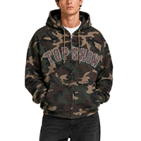 Sweat-shirt à capuche en coton pour homme, coupe courte et ample, entièrement zippé, avec broderie et appliqué de sequins camouflage, en molleton épais personnalisé