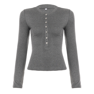 Metal Button <b>Patchwork</b> Color Block Knit <b>Top</b>, Long Sleeve Women's T Shirt, Casual Ribbed Fashion <b>Top</b>, Minimalist Retro Style - Product Image 6
