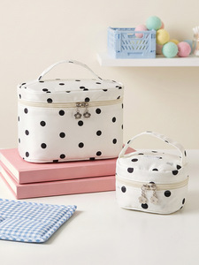 Pochette de toilette isotherme à pois avec fermeture éclair, trousse de maquillage portable en tissu de coton pour voyage - Product Image 1