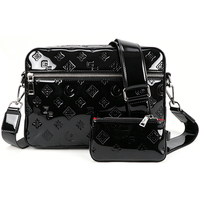 Sac à bandoulière en cuir verni noir imperméable personnalisé OEM ODM, ensemble de 2 pièces, monogramme en relief, grande capacité, commandes en gros