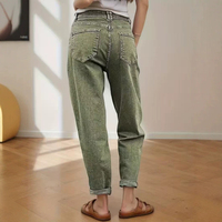 Jean décontracté taille haute extensible pour femme, coupe droite, longueur cheville, double boutonnage, effet ventre plat