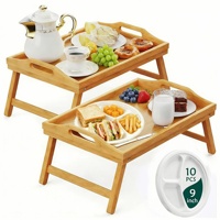 Plateau de lit en bambou avec pieds pliables et poignées de transport - Plateau alimentaire décoratif portable et léger pour le petit-déjeuner au lit