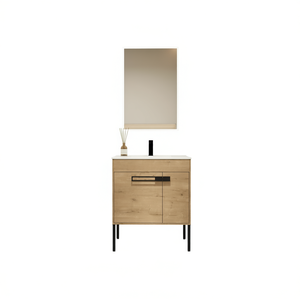 Meuble-lavabo autoportant pour salle de bain, 30 pouces, en bois, design moderne et minimaliste, avec miroir inclus, vasque en céramique, sur pied - Product Image 1