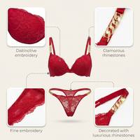Ensemble de lingerie brodée en dentelle pour femme avec soutien-gorge push-up et string à chaîne en strass