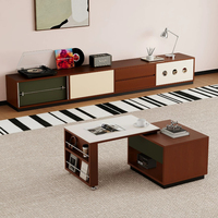 Meuble TV de style Mid-Century, armoire sans poignée à blocs de couleur avec décor rond évidé, tiroirs mixtes et rangement fermé pour appareils multimédias