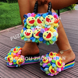 Fatto a mano girasole viso floreale <span class=keywords><strong>peluche</strong></span> zeppa pantofola fiore piattaforma Chaussure Femme sandali pantofole per le donne signora - Product Image 6