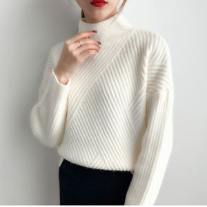 Maglione invernale a collo alto <span class=keywords><strong>bianco</strong></span> da donna in maglia di <span class=keywords><strong>cotone</strong></span> personalizzato all'ingrosso - Product Image 3
