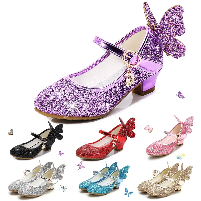 New autumn children's ice and snow. Qiyuan Cinderella Princess Crystal High Heels Girl Leather Shoes Fashion Butterfly