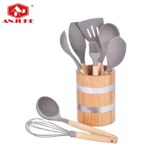 ANJUKE 8 Pieces Silicone Cooking Tools Kitchenware Silicone Kitchen Utensils Set With Wooden Handles Holder