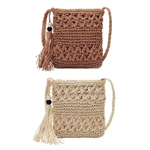 Bolso Messenger De Un Solo Sombrero Con Perlas Mujer Mango Madera Natural Bolsas Paja Francesas Rafia Cuero Nudo Tejido