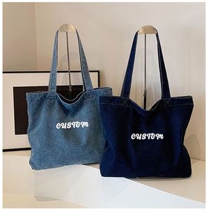 Custom Blue Vintage Denim Jean Tote <b>Bag</b> Large Capacity Student Satchel with Fashionable Logo Printing Canvas <b>Material</b> - Product Image 1