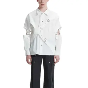 Toptan özel hala ayrılabilir kısa kollu gömlek erkekler gevşek basit moda rahat bağlama içi boş tasarım ceket