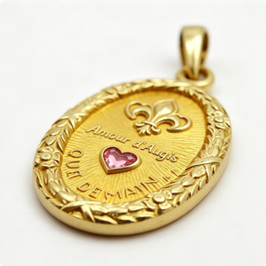 Medalla Irregular Chapada Amour D'Augis con Corazón Rosa y Flor de Lis, Diseño Moderno con Relieve para el Día de San Valentín - Product Image 5