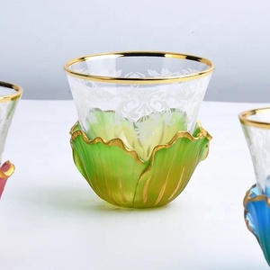 Hot-sellling Glass <b>Tea</b> Cup With Gold Rim Colored Glaze Floral Etching Vintage Style Bottom Frosted Design - Product Image 4