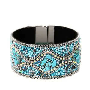 Best-Selling Gepersonaliseerde Legering Verwisselbare Lederen Manchet Vrouwen Shiny Kralen Bangle Armband