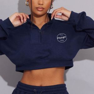 Venta al por mayor azul marino francés Terry impreso personalizado sudaderas con capucha de gran tamaño para las mujeres con estilo pesado grueso Crop Top sudaderas con capucha - Product Image 5