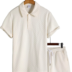 Ensemble chemise et short pour homme, été, deux pièces, décontracté, mode, tricot texturé, 100% polyester, séchage rapide, style streetwear - Product Image 1
