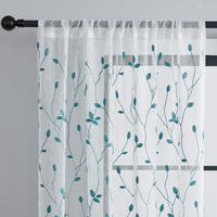Rideau de fenêtre en baie translucide en polyester et mousseline, style pastoral, avec motif de feuilles brodé exclusif et œillets, à fixation murale
