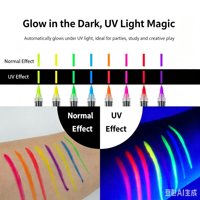 KHY Stylo de peinture corporelle UV néon phosphorescent de haute qualité à 8 couleurs, marque privée, marqueur lavable pour le visage et la peau, idéal pour les fêtes
