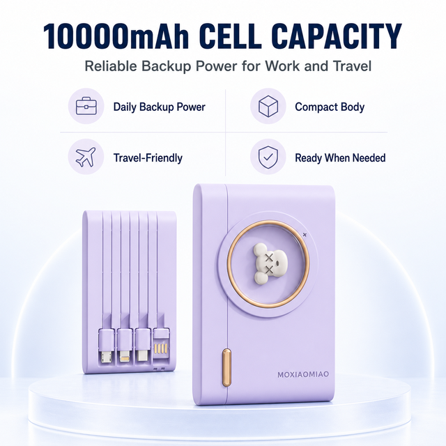 10000mAh Portable Power Bank with 4 Built-In Cables, Multi-Device Fast Charger and USB Backup Battery Pack