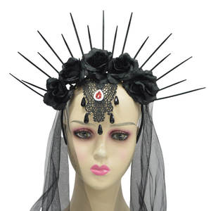 Couronne de fleurs noire pour mariée, accessoire de cheveux gothique pour fête à thème et jeu de rôle - Product Image 2