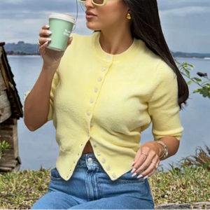 Cárdigan de punto transpirable Retro Vintage Y2k de moda para mujer, Top envolvente de un solo botón francés para Primavera/Verano - Product Image 3