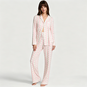 Conjunto de Pijama Rosa para Mujer, Personalizable con Muestras, de Bambú, con Estampado a Rayas, Manga Larga y Pantalones - Product Image 6