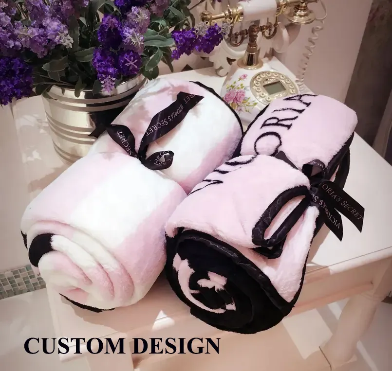 Manta de forro polar de franela con impresión personalizada, OEM, color rosa, con logotipo